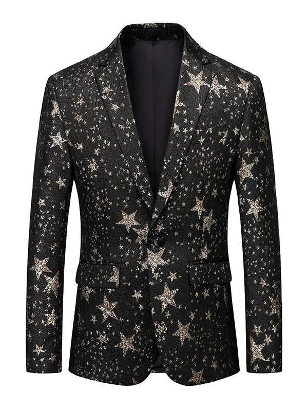 Men's Luxury Black Star Pattern Glitter Blazer Slim Fit Cotton Blend Single Breasted One Button Tuxedo Jacket