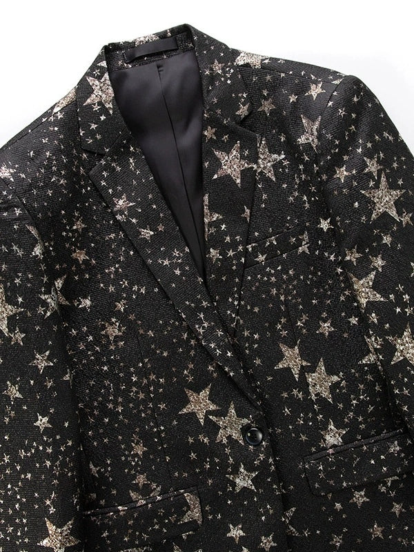 Men's Luxury Black Star Pattern Glitter Blazer Slim Fit Cotton Blend Single Breasted One Button Tuxedo Jacket