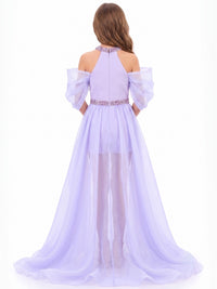 Girls Jumpsuit Flower Girl Dress Purple Halter With Detachable Overskirt Sparkling Rhinestone Dress
