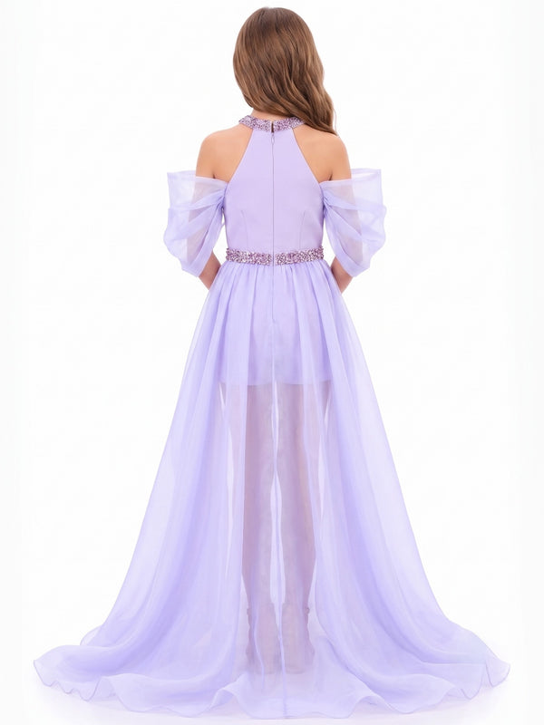 Girls Jumpsuit Flower Girl Dress Purple Halter With Detachable Overskirt Sparkling Rhinestone Dress