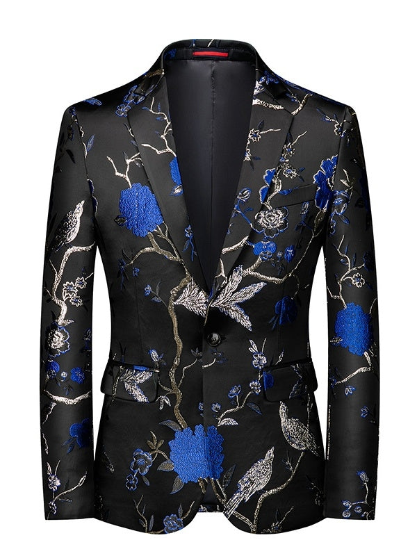 Men's Suit Jacket Black & Gold Embroidered Bird & Floral Tuxedo Slim-Fit Evening Blazer