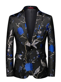 Men's Suit Jacket Black & Gold Embroidered Bird & Floral Tuxedo Slim-Fit Evening Blazer