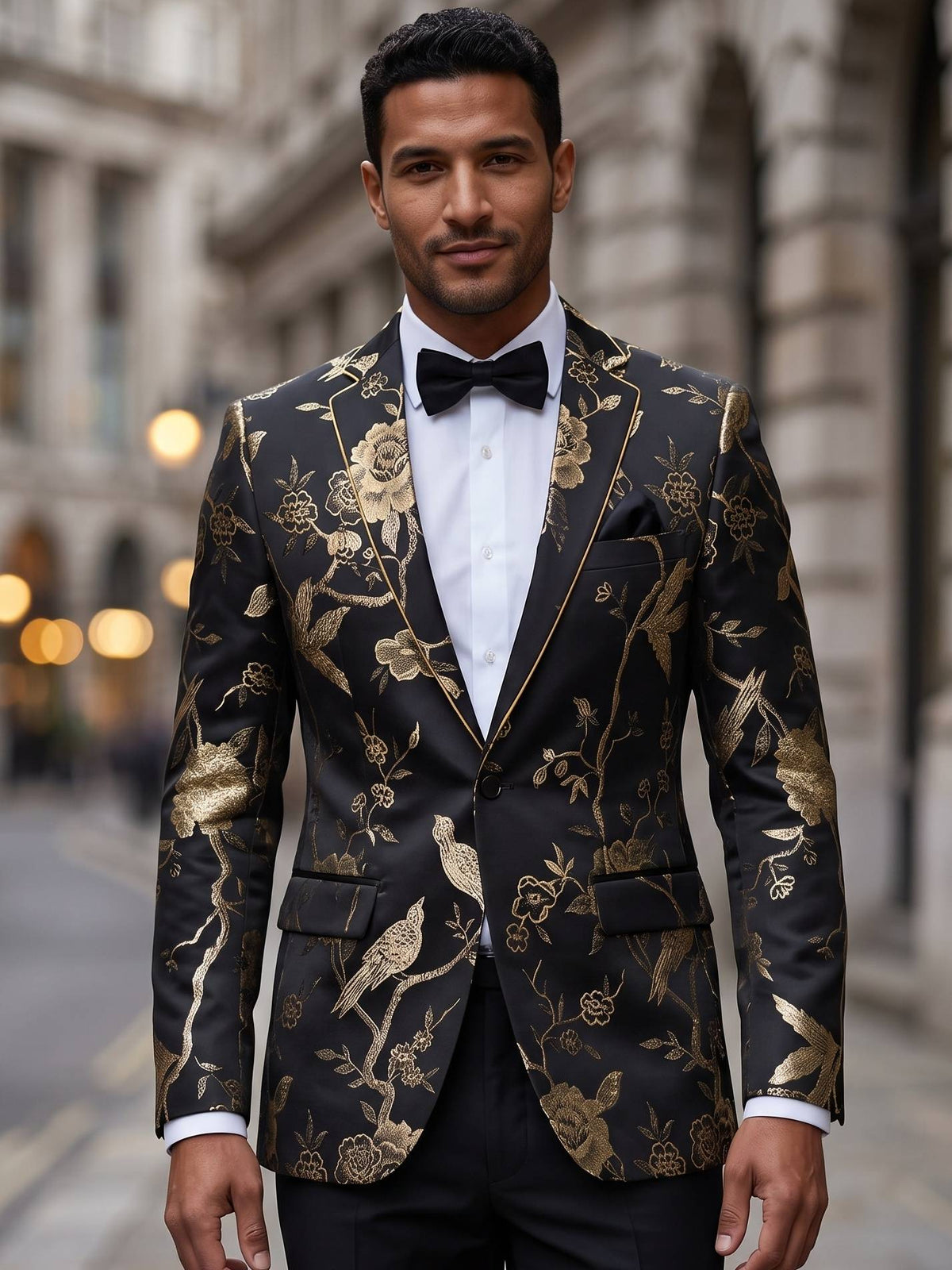 Men's Suit Jacket Black & Gold Embroidered Bird & Floral Tuxedo Slim-Fit Evening Blazer