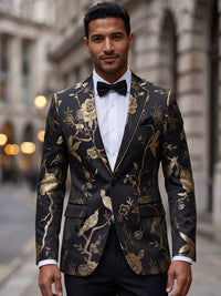 Men's Suit Jacket Black & Gold Embroidered Bird & Floral Tuxedo Slim-Fit Evening Blazer