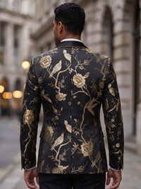 Men's Suit Jacket Black & Gold Embroidered Bird & Floral Tuxedo Slim-Fit Evening Blazer