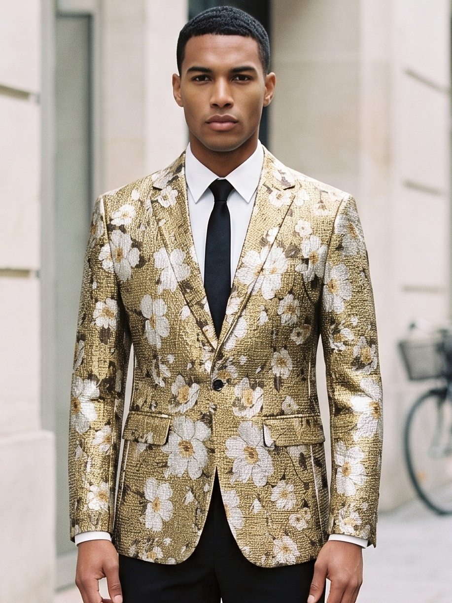 Men's Suit Jacket Gold & Silver Floral Metallic Jacquard Single Breasted One Button Blazer Slim Fit Statement Tuxedo Jacket