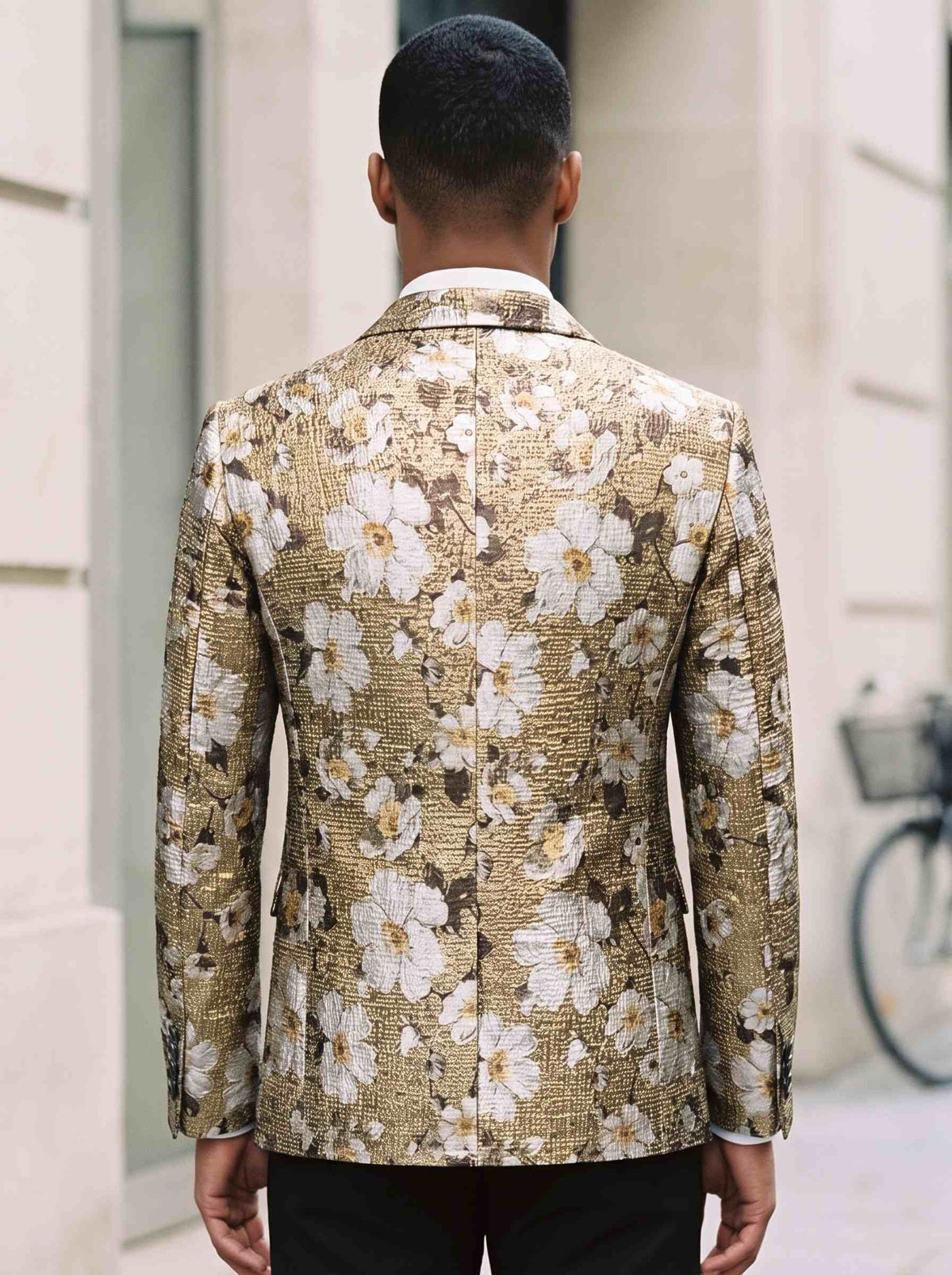 Men's Suit Jacket Gold & Silver Floral Metallic Jacquard Single Breasted One Button Blazer Slim Fit Statement Tuxedo Jacket