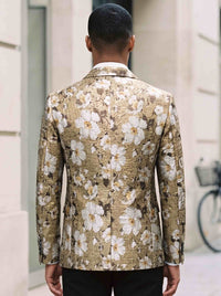 Men's Suit Jacket Gold & Silver Floral Metallic Jacquard Single Breasted One Button Blazer Slim Fit Statement Tuxedo Jacket