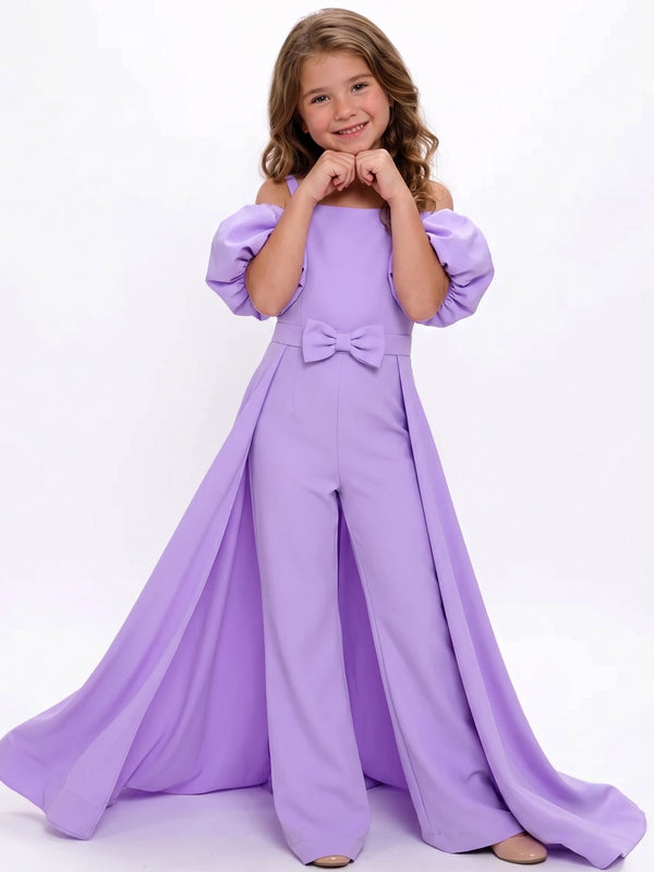 Girls Lilac Flower Girl Dress Jumpsuit With Puff Sleeves Detachable Train Bow Party Dress