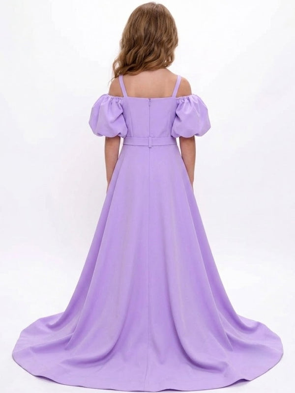 Girls Lilac Flower Girl Dress Jumpsuit With Puff Sleeves Detachable Train Bow Party Dress