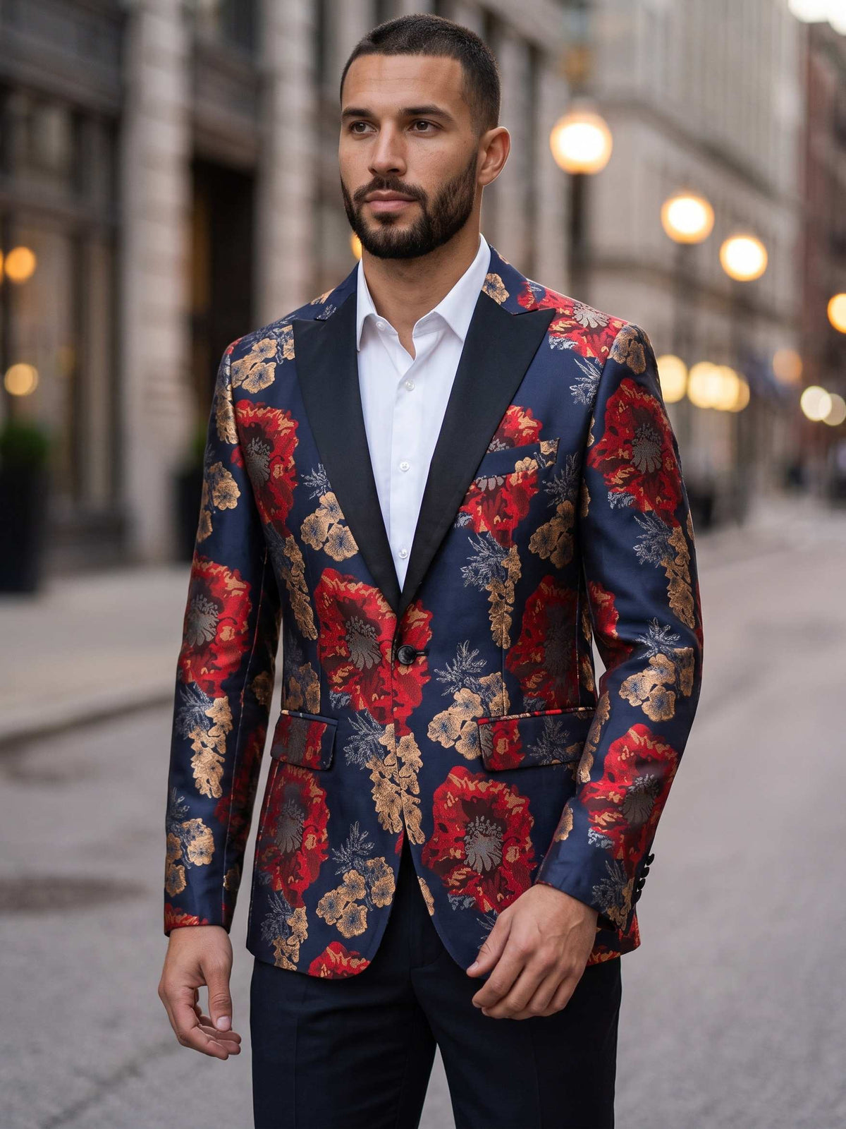 Men's Suit Jacket Red Floral Jacquard Tuxedo Jacket Slim Fit Evening Blazer with Contrast Lapel