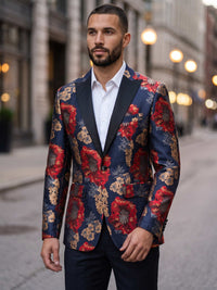 Men's Suit Jacket Red Floral Jacquard Tuxedo Jacket Slim Fit Evening Blazer with Contrast Lapel