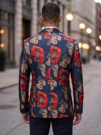 Men's Suit Jacket Red Floral Jacquard Tuxedo Jacket Slim Fit Evening Blazer with Contrast Lapel