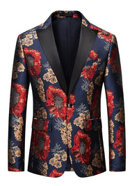 Men's Suit Jacket Red Floral Jacquard Tuxedo Jacket Slim Fit Evening Blazer with Contrast Lapel