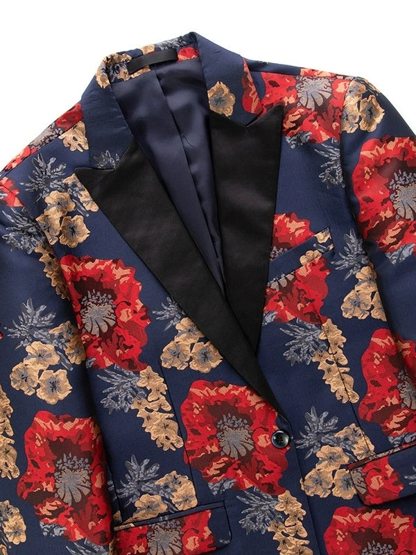 Men's Suit Jacket Red Floral Jacquard Tuxedo Jacket Slim Fit Evening Blazer with Contrast Lapel