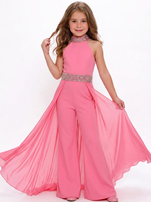 Girls Pink Dress Hot Pink Jumpsuit With Detachable Train Rhinestone Flower Girl Party Dress