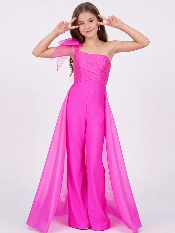 Girls Fuchsia Dress One Shoulder Jumpsuit With Detachable Train Bow Flower Girl Party Dress