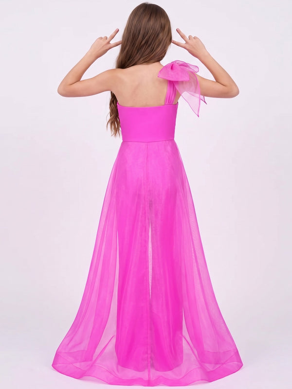 Girls Fuchsia Dress One Shoulder Jumpsuit With Detachable Train Bow Flower Girl Party Dress