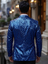 Men's Suit Jacket Royal Blue Sparkly Sequin Tuxedo Jacket Slim-Fit Evening Blazer Single Breasted One Button 