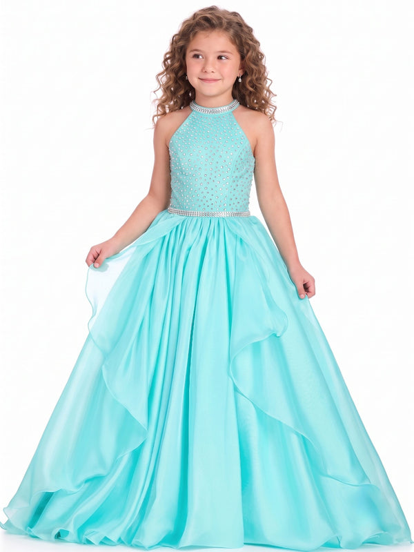 A-Line Girls Aqua Princess Halter Rhinestone Flower Girl & Birthday Party