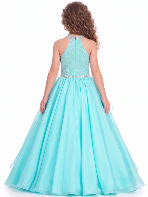 A-Line Girls Aqua Princess Halter Rhinestone Flower Girl & Birthday Party