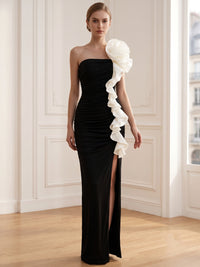 Sheath Evening Dresses Elegant Strapless Floor-Length Side Split With 3D Floral Ruffles Gown