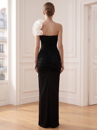 Sheath Evening Dresses Elegant Strapless Floor-Length Side Split With 3D Floral Ruffles Gown