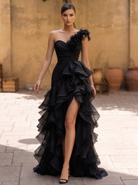A-Line Evening Dresses Runched Formal One Shoulder Elegant Floor-Length With High Slit Ruffles