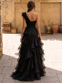 A-Line Evening Dresses Runched Formal One Shoulder Elegant Floor-Length With High Slit Ruffles