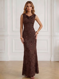 Sheath Formal Dress Floral Embroidery Sleeveless Evening Dress Floor-Length Dress Draped Cowl Neck Brown Wedding Guest Dresses