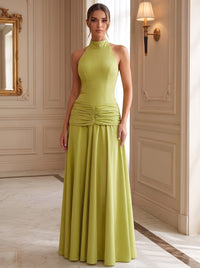 A Line Formal Dress Evening Gown Elegant Floor-Length Halter Neck Stretch Crepe Runched Dress With Bowknot