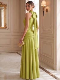 A Line Formal Dress Evening Gown Elegant Floor-Length Halter Neck Stretch Crepe Runched Dress With Bowknot