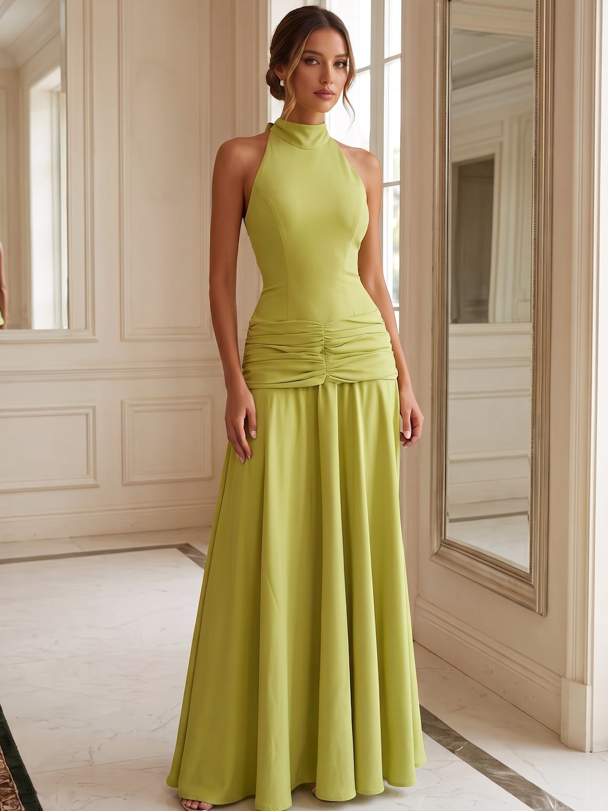 A Line Formal Dress Evening Gown Elegant Floor-Length Halter Neck Stretch Crepe Runched Dress With Bowknot