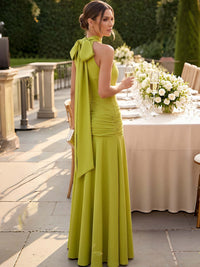 A Line Formal Dress Evening Gown Elegant Floor-Length Halter Neck Stretch Crepe Runched Dress With Bowknot