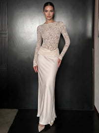 Sheath Formal Dress Satin Boat Neck Long Sleeves Lace Floor Length Runched Ivory Wedding Guest Dress