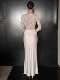Sheath Formal Dress Satin Boat Neck Long Sleeves Lace Floor Length Runched Ivory Wedding Guest Dress
