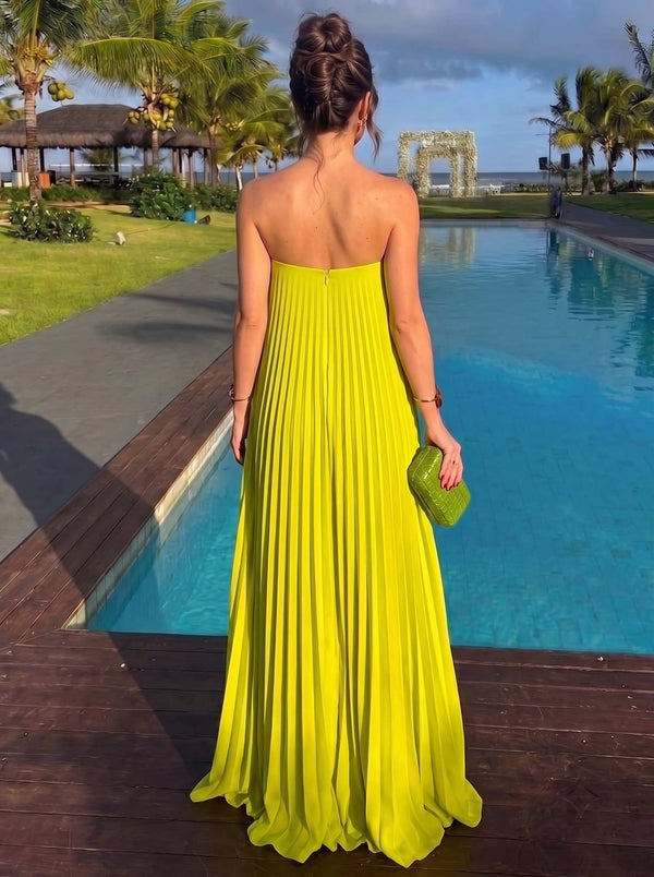 A Line/Princesses Evening Dresses Grecian Style Chiffon Pleated Strapless Floor-Length Formal Dress Wedding Guest Summer Dress