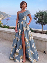 A-Line/Princess Evening Dresses Elegant Floral Print Dress Formal Dresses Satin One-Shoulder With 3D Flowers Sleeveless Floor-Length Wedding Guest Summer Dresses With High Slit