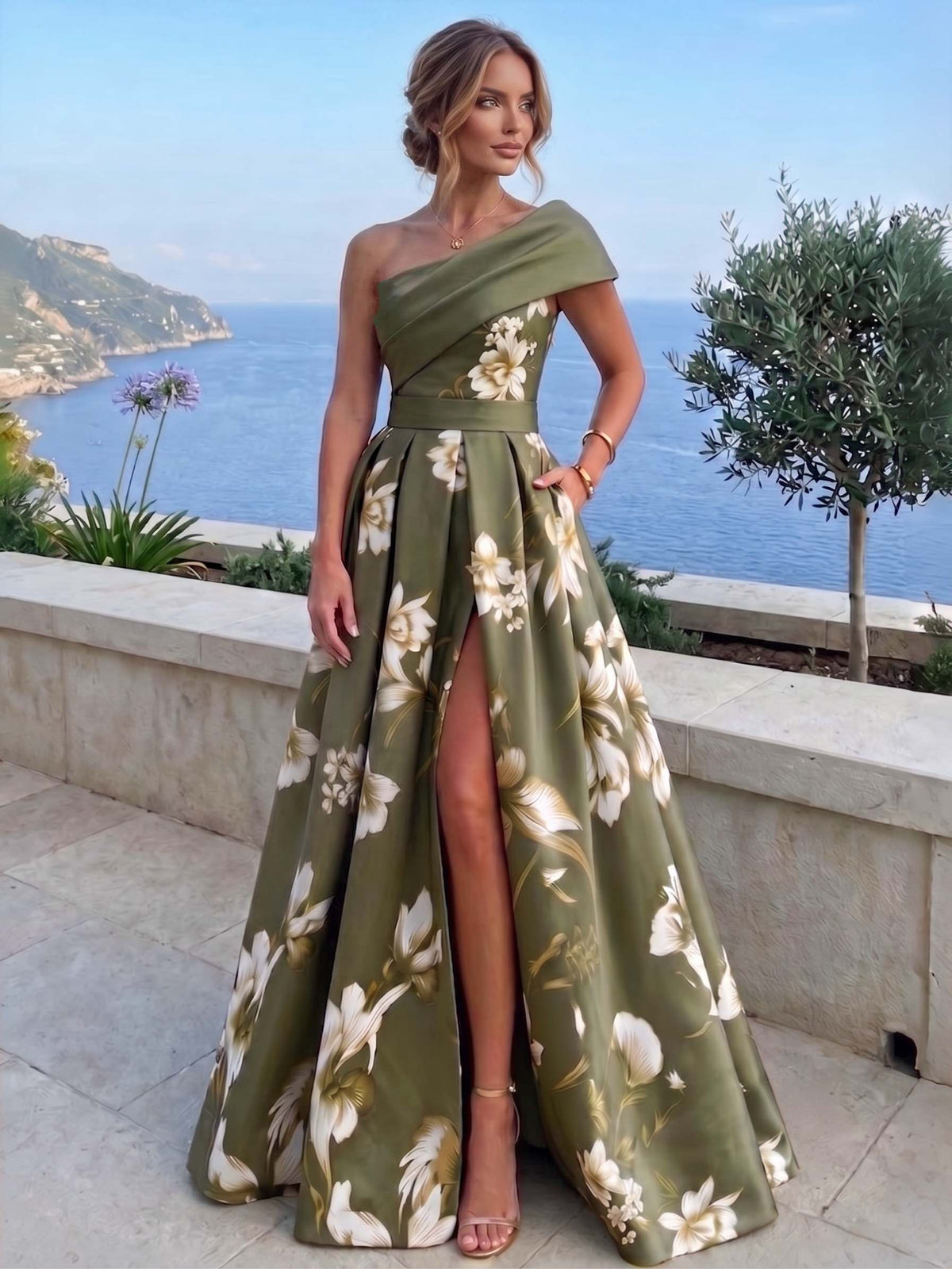 A-Line/Princess Evening Dresses Elegant Floral Print Dress Formal Dresses Satin One-Shoulder With 3D Flowers Sleeveless Floor-Length Pleats Flower Wedding Guest Summer Dresses With High Slit