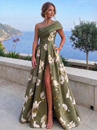 A-Line/Princess Evening Dresses Elegant Floral Print Dress Formal Dresses Satin One-Shoulder With 3D Flowers Sleeveless Floor-Length Pleats Flower Wedding Guest Summer Dresses With High Slit