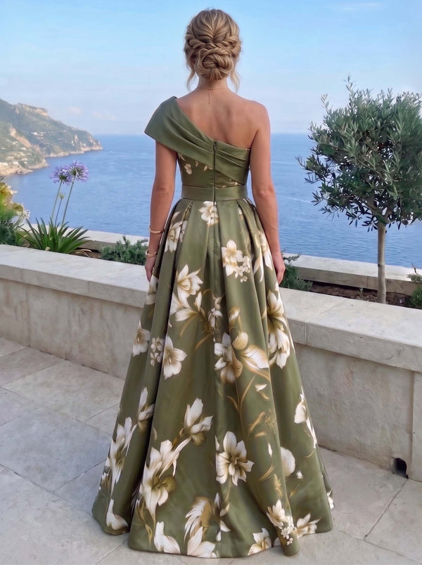 A-Line/Princess Evening Dresses Elegant Floral Print Dress Formal Dresses Satin One-Shoulder With 3D Flowers Sleeveless Floor-Length Wedding Guest Summer Dresses With High Slit