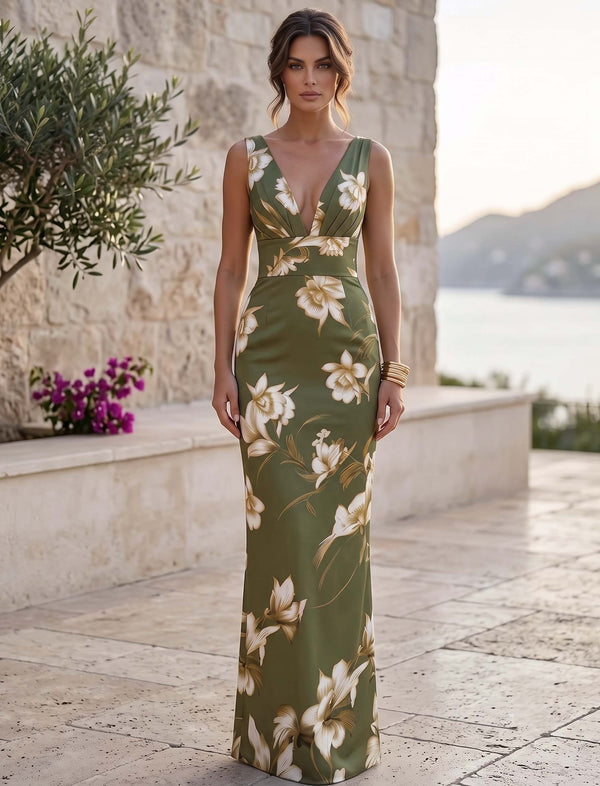 Sheath/Column Evening Dresses Elegant Floral Print Dress Formal Dresses Satin V-Neck Sleeveless Floor-Length Wedding Guest Summer Dresses
