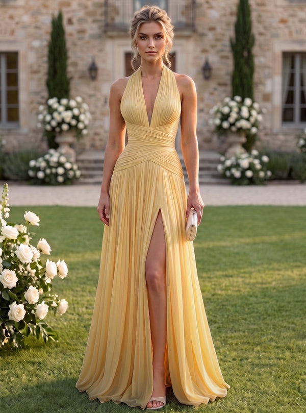 A Line/Princesses Evening Dresses Pleated Grecian Style Chiffon Halter Neck Floor-Length Formal Dress Wedding Guest Summer Dress With High Slit