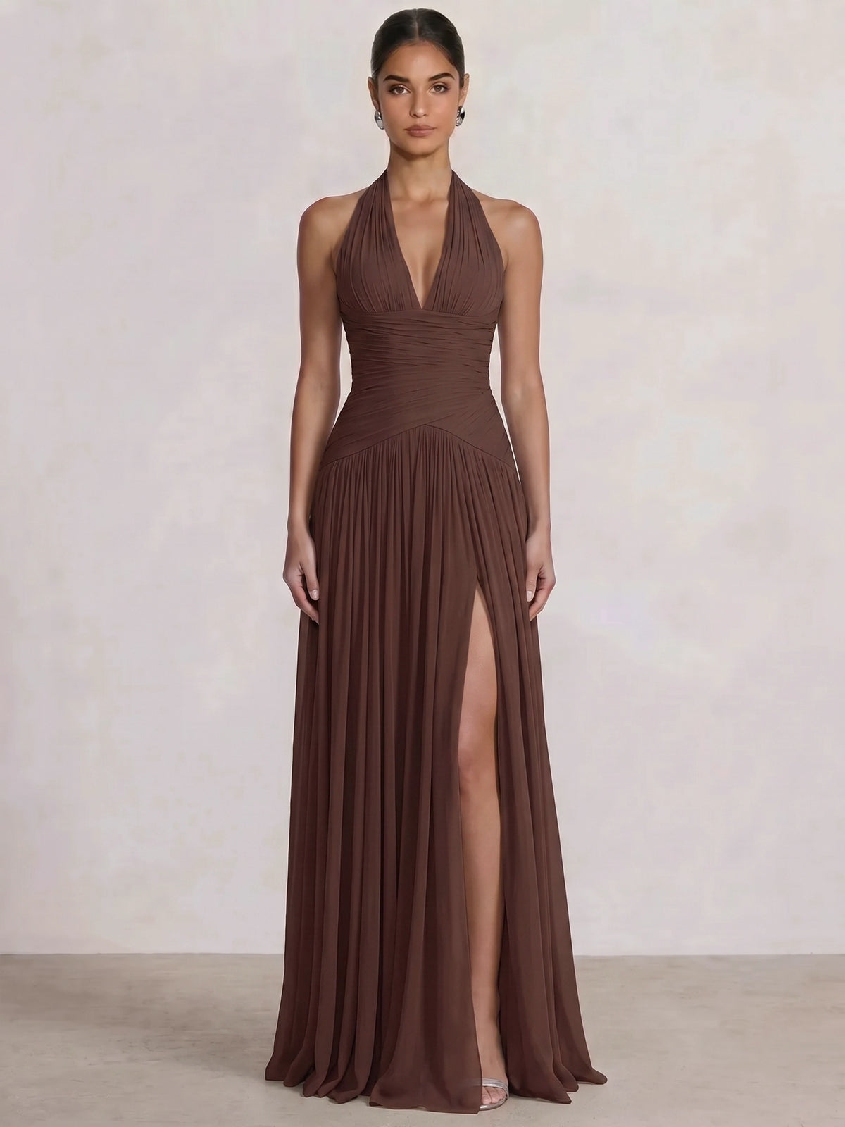A Line/Princesses Evening Dresses Pleated Grecian Style Chiffon Halter Neck Floor-Length Formal Dress Wedding Guest Summer Dress With High Slit
