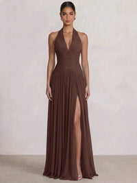 A Line/Princesses Evening Dresses Pleated Grecian Style Chiffon Halter Neck Floor-Length Formal Dress Wedding Guest Summer Dress With High Slit