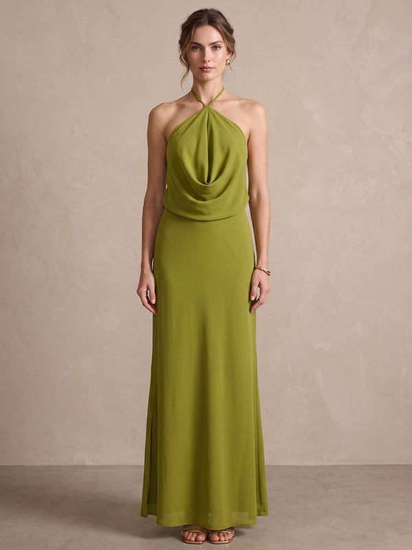 A Line Formal Dresses Chiffon Halter Neck Sleeveless Runched Floor-Length  Cowl-Front Summer Party Dress