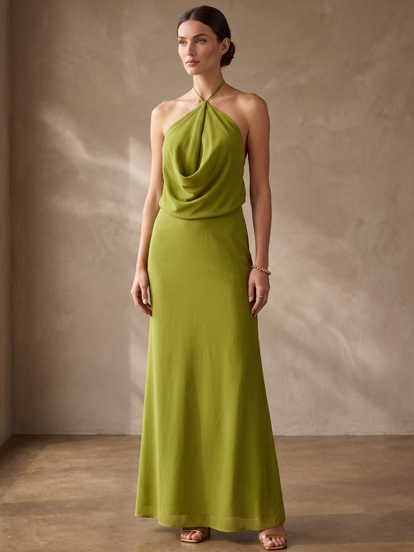 A Line Formal Dresses Chiffon Halter Neck Sleeveless Runched Floor-Length  Cowl-Front Summer Party Dress