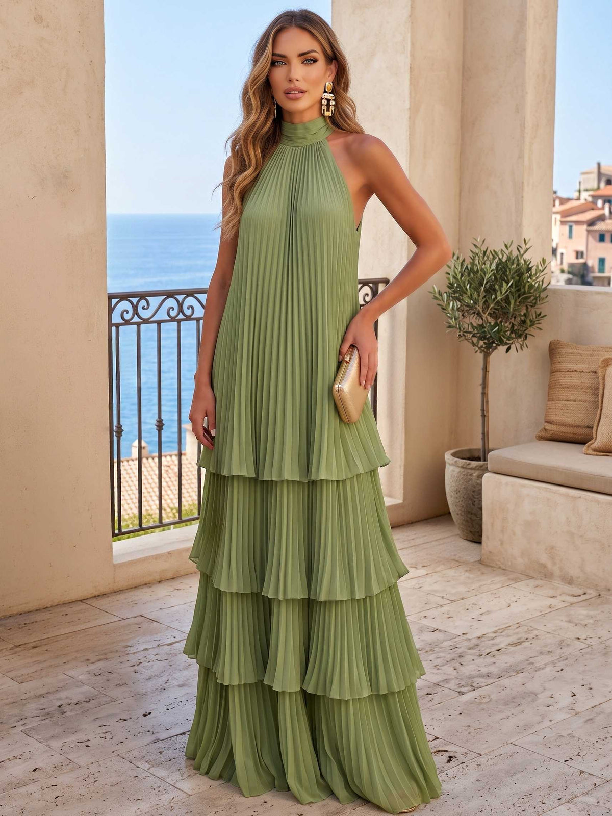 A Line/Princesses Evening Dresses Tiered Grecian Style Chiffon Halter Neck Floor-Length Formal Dress Wedding Guest Summer Dress