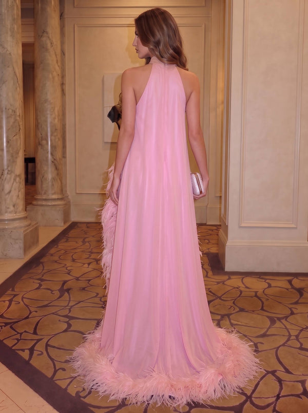 A-Line/Princess Chiffon Evening Dresses With Feather Fur Halter Neck Formal Dress With  Slit