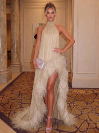 A-Line/Princess Chiffon Evening Dresses With Feather Fur Halter Neck Formal Dress With  Slit